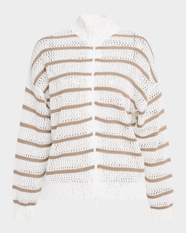 Linen French Riveria Paillette Knit Zip-Up Cardigan